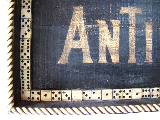 An unusual 'Antiques' Trade Sign in the form of a tray banded with faux dominoes and faux bone edge — image 2